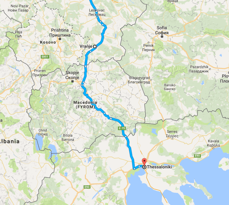 Karte Zeigt Route Durch Leskovac, Vranje Nach Thessaloniki
