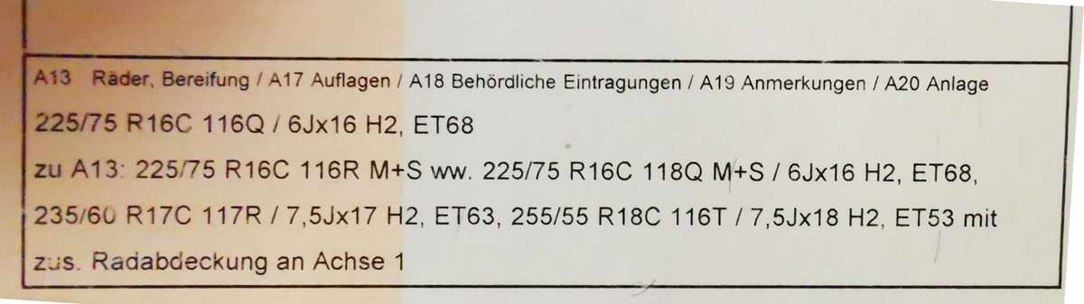 Zulässige Reifen-Dimensionen (Österreichischer Zulassungsschein)