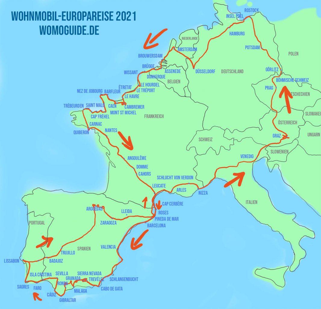 Die komplette Route unserer Europareise 2021 (Karte)
